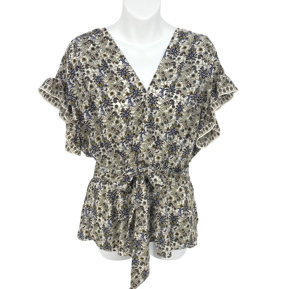 Max Studio Tops - Blouse Womens Small Garden Floral Flutter Sleeve Tie Waist Boho Chic Teacher